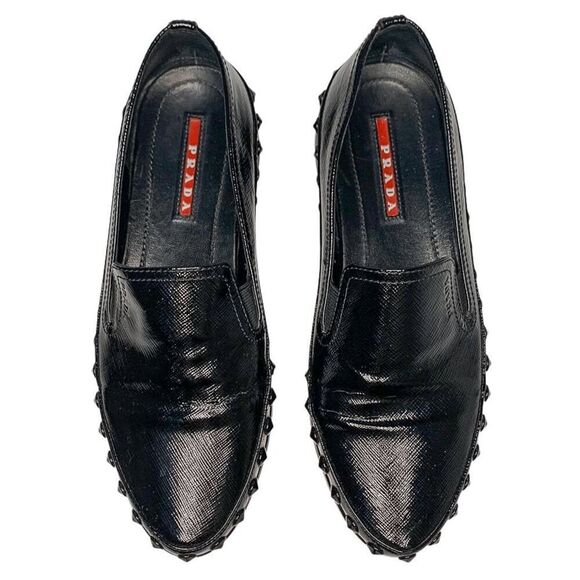 Prada Sport Black Saffiano Leather Spiked Studded Slip On Shoes EU 36.5 Loafer - Picture 3 of 11